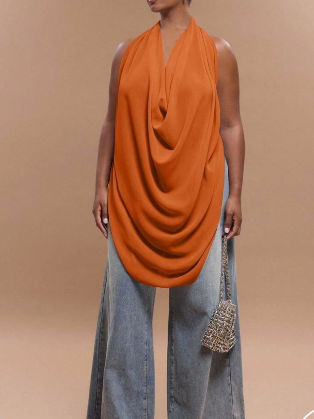 Orange Elegant Women's Plus Size Chiffon Halter Neck Backless Draped Top